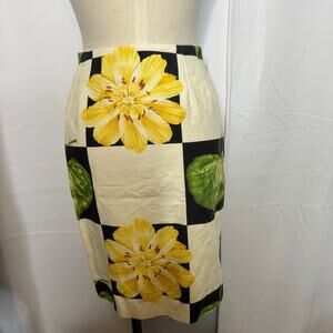 J. McLaughlin Size 6 Pencil Skirt Yellow Floral Green Leaf Black White Check